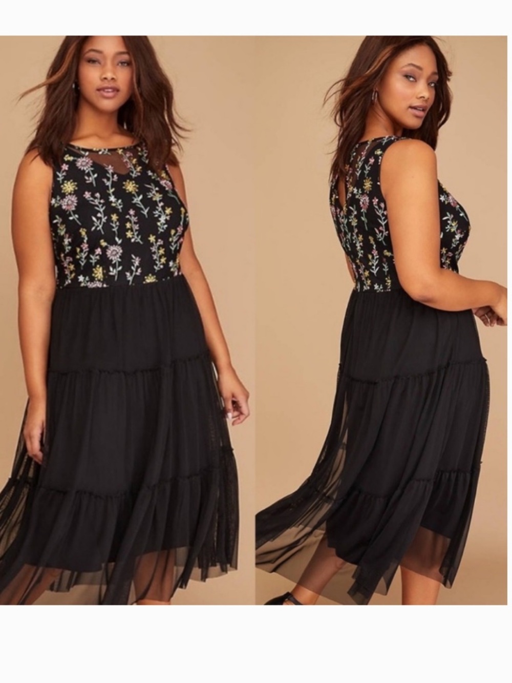 Lane Bryant Black Floral Embroidered Tiered Maxi Dress Sz 2X